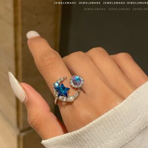 Dreamy Moon Star Ring - blue