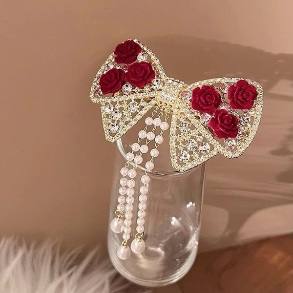Bow & Roses Dangling Pearls Hair Clip - Image 2