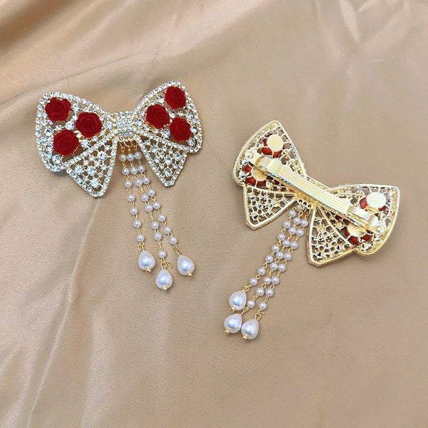 Bow & Roses Dangling Pearls Hair Clip - Image 3