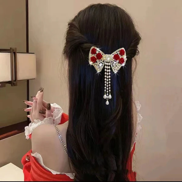 Bow & Roses Dangling Pearls Hair Clip - Image 6