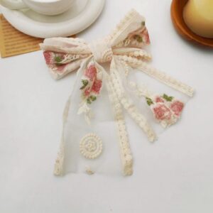 Floral Embroidered Hair Bow- pink
