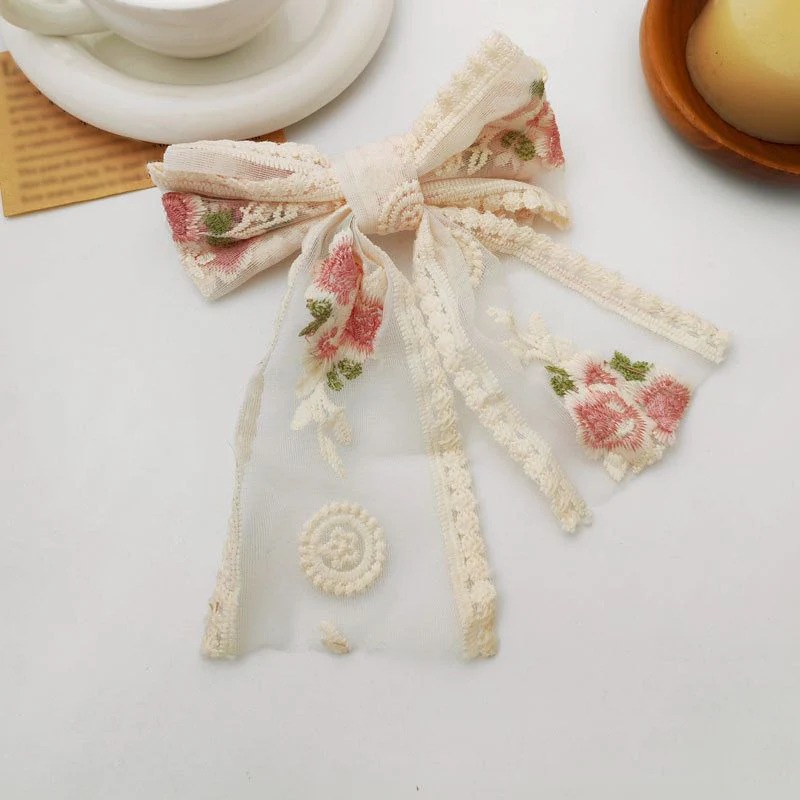Floral Embroidered Hair Bow- pink
