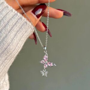 Twin Butterfly Necklace- pink